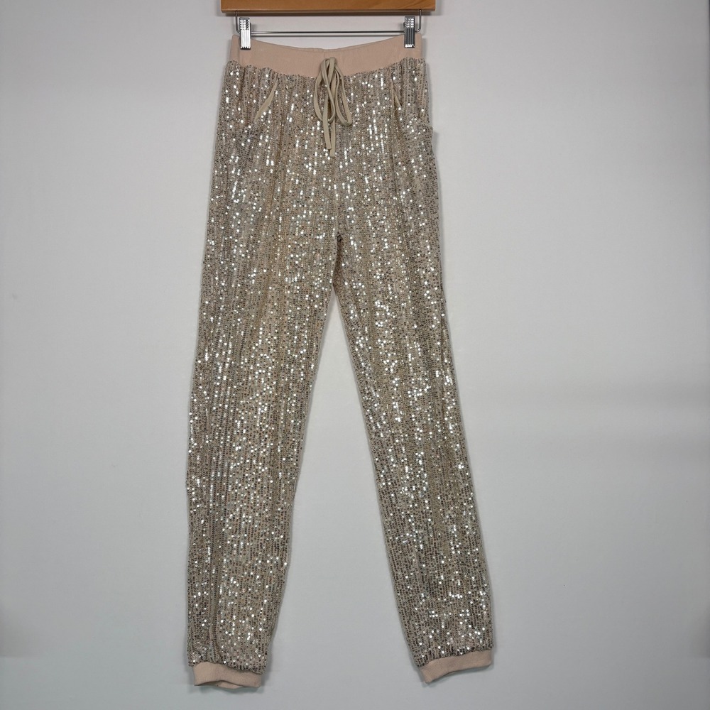 NWT Jess Lea Women Khloe Sequin Joggers Small Champagne Sparkle Holiday Pants